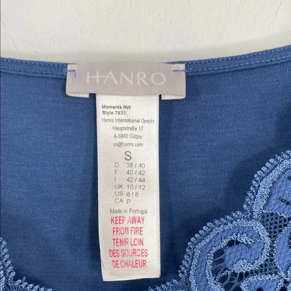 Hanro Moments Blue Mercerized Cotton Lace V-Neck Nightgown Sleep Dress Small